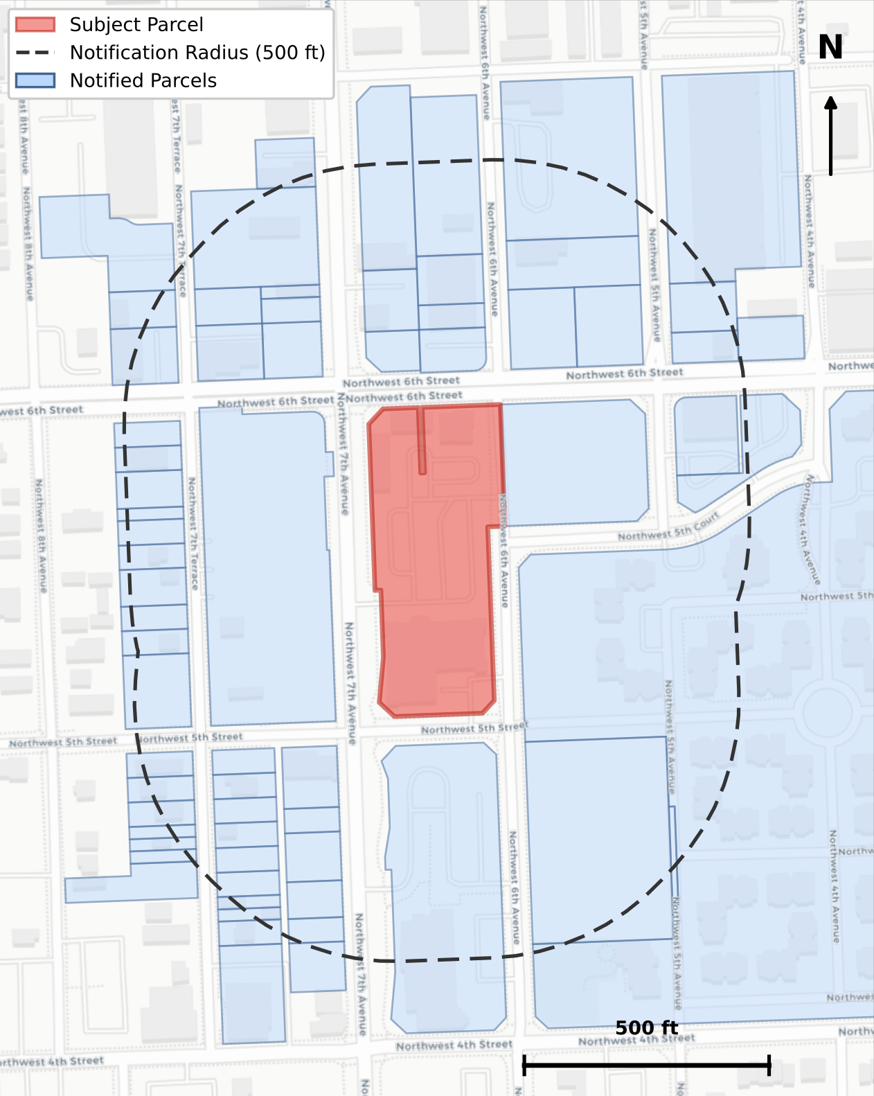 Radius map showing subject parcel, 500ft buffer, and all notified parcels
